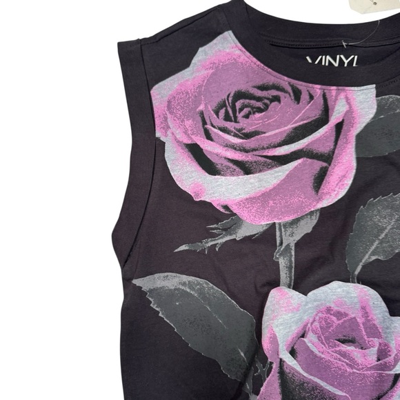 VINYL Icons Black Sleeveless Top with Pink Rose Floral Design NWT Small - Picture 6 of 8